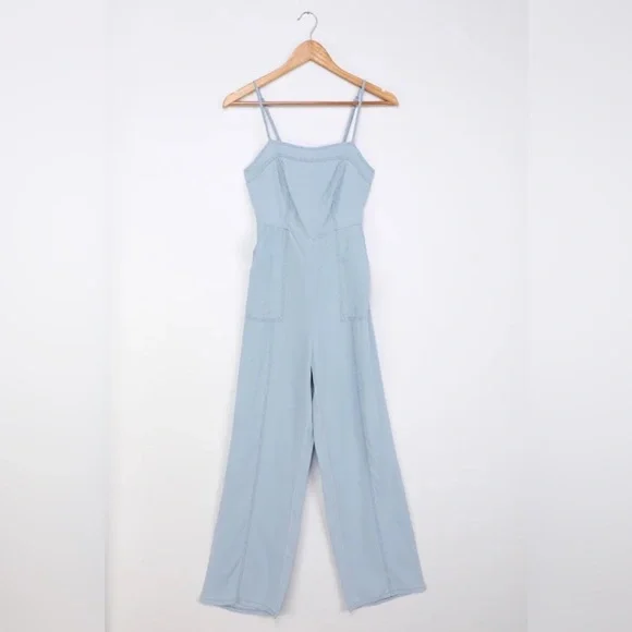 Lulus Simply Darling Light Blue Chambray Tie-Back Cutout Jumpsuit. XL. - Picture 5 of 7